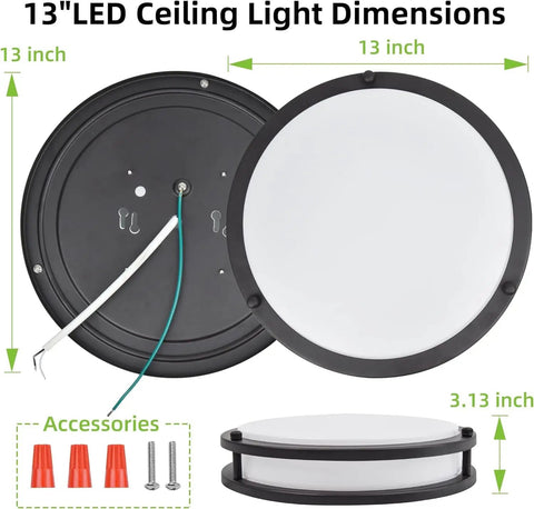 13 Inch Flush Mount LED Ceiling Light Fixture With Adjustable 2700K To 5000K Color Temperature, showing dimensions and accessories.