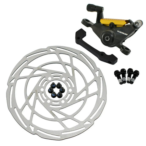 Front And Rear Post Mount Mechanical Disc Brake Set Including Matched Rotors In Classic Black Gold Finish, 160mm steel rotor.