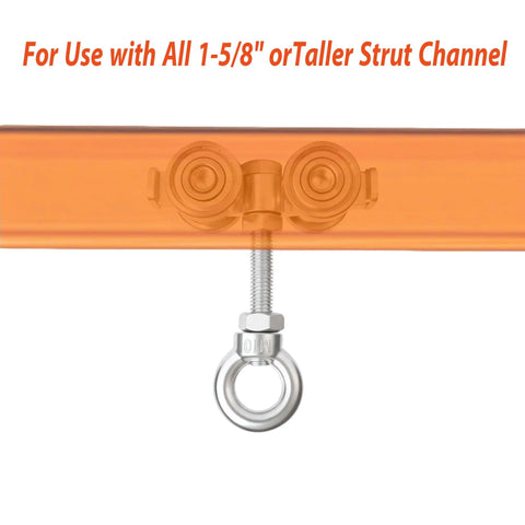 4-Wheel Silent Trolley Rollers For Strut Channel Fits 1-5/8 Inch Wide And Taller Channels Hidden Bolt Design shown with M10 bolt
