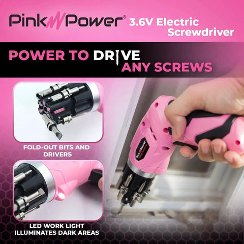 Pink Cordless Electric Screwdriver Set Rechargeable For Women with LED Light, pivotal handle, fold-out bits in use