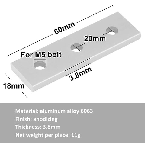 Heavy Duty 12 Pcs 3 Hole 2020 Aluminum Joining Plates For 2020 Series Extrusion Profiles Mending Plates With 7 Gauge Thickness 2 3 8 Inch Long By 11 16 Inch Wide Holes 7 32 Inch Diameter Great For Linear Extension And Overlap Connections, 60mm x 18mm 3-hole plate
