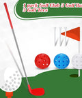 Left Hand 36 Inch Plastic Golf Chipping Club Set With Oversized Head For Home Backyard Bucket Game Indoor Outdoor Training Includes One Club Three Practice Balls And Three Tees Gift For Grown Ups shown with club, balls, and tees.