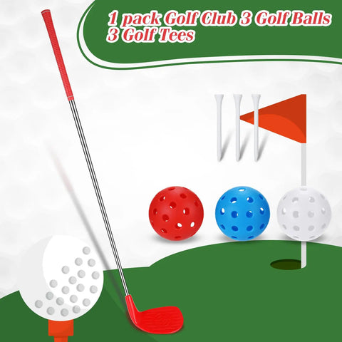 Left Hand 36 Inch Plastic Golf Chipping Club Set With Oversized Head For Home Backyard Bucket Game Indoor Outdoor Training Includes One Club Three Practice Balls And Three Tees Gift For Grown Ups shown with club, balls, and tees.