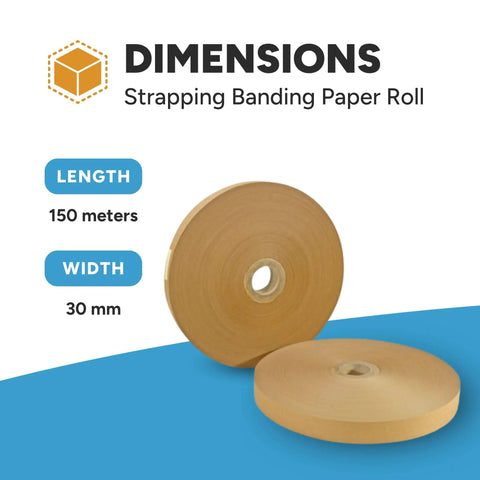 Brown Craft Banding Paper Roll 30mm Wide Heavy Duty Strapping Tape For Packaging And Shipping 492ft Long Eco Friendly Paper Strapping Band For Logistics Manufacturing And More shown with dimensions