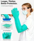 Heavy Duty 18 Inch Elbow Length Nitrile Chemical Resistant Gloves Tough As Nails Top Rated Hand Protection For Auto Mechanics Lab Techs Hazardous Fluid Splash Defense Size Large One Pair worn by woman with goggles.