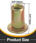 100 Piece Pack Of 10-32 Rivet Nuts Crafted From Heavy Duty Zinc Plated Carbon Steel Plus A Knurled Flat Head Design dimensions showing 0.27in and 0.51in.