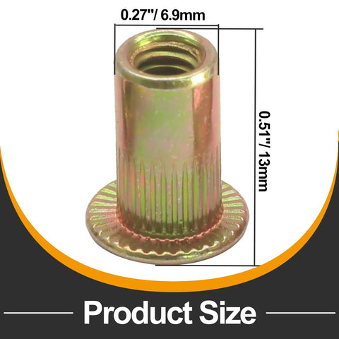 100 Piece Pack Of 10-32 Rivet Nuts Crafted From Heavy Duty Zinc Plated Carbon Steel Plus A Knurled Flat Head Design dimensions showing 0.27in and 0.51in.