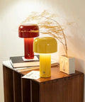 Cordless USB Rechargeable Desk Lamp With Touch Dimming, Mushroom Night Light, 3 Color Temp Modes on wooden shelf
