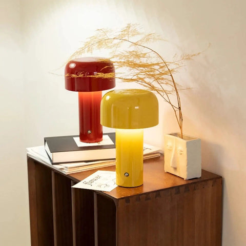 Cordless USB Rechargeable Desk Lamp With Touch Dimming, Mushroom Night Light, 3 Color Temp Modes on wooden shelf