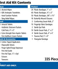 First Aid Kit Contents chart showing 335 Pieces; multicolored First Aid Only kit