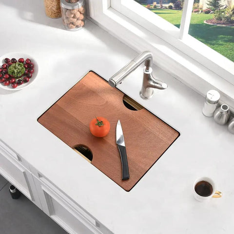 Wooden cutting board over undermount 10 inch bar sink for your wet bar 10x18 inch stainless steel 16 gauge single bowl kitchen sink.