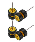 7-Spoke Yellow Black Wheel And Tire Set With Real Riders Rims And Axles For 1/64 RC Diecast Cars And DIY Models, set of wheels and axles shown.