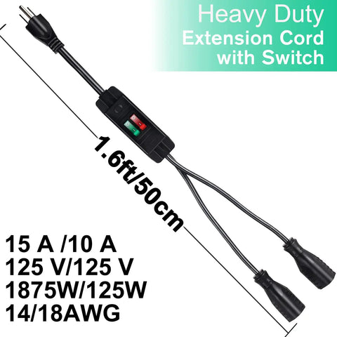 Two Way Outdoor Extension Cord With Independent On Off Switches, 3 Prong SJTW 14AWG 15A/125V, 1.6 Feet, Black with switches
