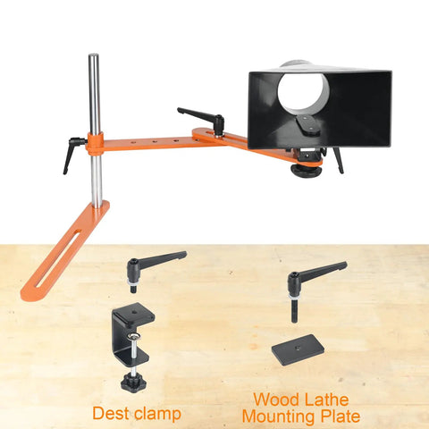 Must Have Dust Hood Stand With Folding Extension Arm For Wood Lathe Dust Collection Gear, 9x5 Inch Hood, 4 Inch Hose Spigot shown