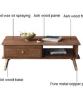 Top Shelf Retro Coffee Table For Living Room With Spacious Lower Shelf And Smooth Drawer Slides Mid Century Modern Wood Cocktail Table Featuring Rustic Brown Finish And Completely No Sweat Setup, showing ash wood frame and storage.