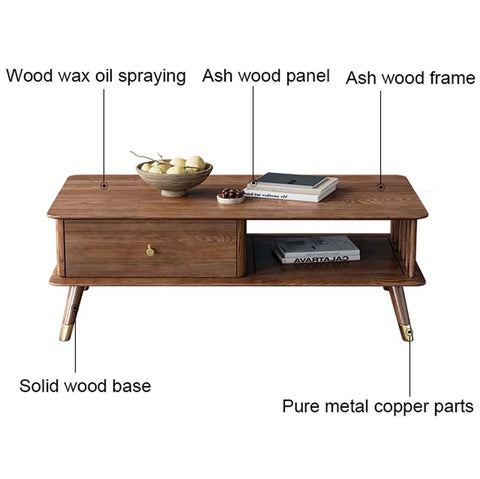 Top Shelf Retro Coffee Table For Living Room With Spacious Lower Shelf And Smooth Drawer Slides Mid Century Modern Wood Cocktail Table Featuring Rustic Brown Finish And Completely No Sweat Setup, showing ash wood frame and storage.