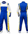 Front and back view of racing suit for go karts adults lightweight breathable driving gear for men and women with custom digital printing.