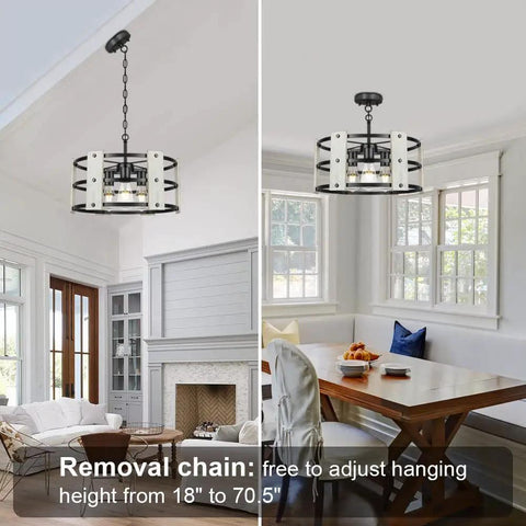 Three Light Farmhouse Drum Chandelier With White Drum Shade In Black Metal And Wood Finish Adjustable Height From 18 Inches To 70.5 Inches The Real Deal For Living Room Dining Room Kitchen Island And Foyers, shown in living and dining rooms