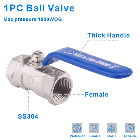 Stainless Steel Ball Valve One Piece Three Eighths Inch NPT Female To Female Standard Port For Water Oil And Gas with Blue Handle