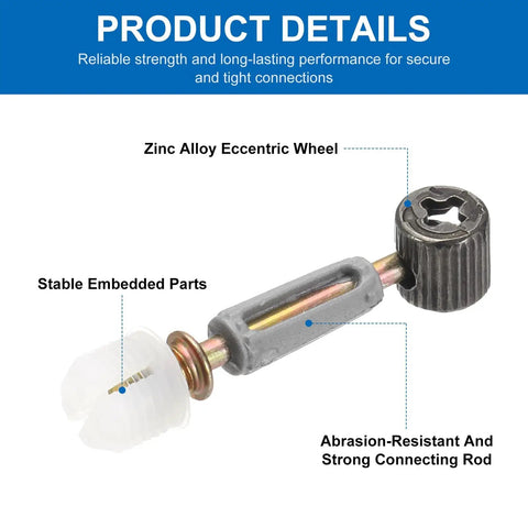 Heavy Duty Cam Lock Furniture Connectors Kit With M6 X 40mm Zinc Dowel Bolts And Snug Caps showing zinc alloy eccentric wheel and embedded parts.