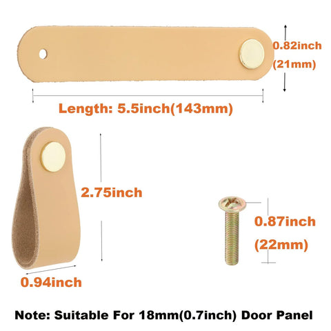 Six Pack Leather Drawer Pulls for Dresser and Cabinet, Khaki Color, Soft Leather Knobs with Screw Installation, Size Details