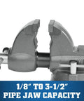 Heavy Duty Pipe And Bench Vise Four And One Half Inch Jaw Width With Six Inch Maximum Opening And Four And Three Fourths Inch Throat Cast Iron Construction Sealed For Longevity And Smooth Operation With Precision Front Jaw Slide, 1/8 to 3-1/2 in pipe jaw capacity