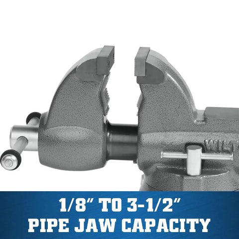 Heavy Duty Pipe And Bench Vise Four And One Half Inch Jaw Width With Six Inch Maximum Opening And Four And Three Fourths Inch Throat Cast Iron Construction Sealed For Longevity And Smooth Operation With Precision Front Jaw Slide, 1/8 to 3-1/2 in pipe jaw capacity
