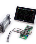Automotive USB Oscilloscope 6074BE Kit I II III IV with display and connected circuitry showing real-time waveform capture.