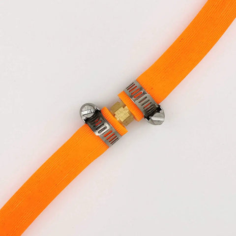 Three Piece Brass Hose Barb Splicer Mender Kit With Six Stainless Steel Pipe Clamps for Water Fuel and Air One Quarter Inch Barb Fittings
