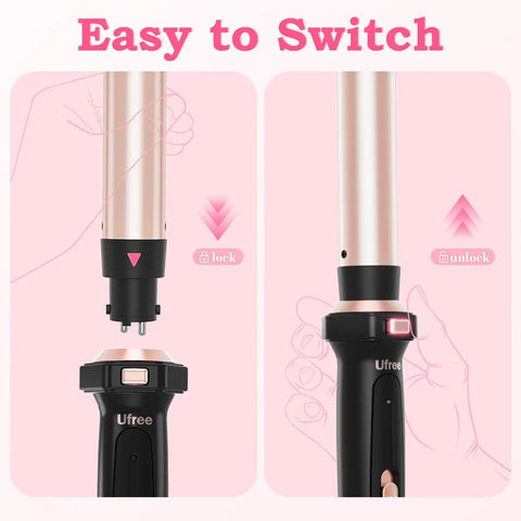Easy switch mechanism of Versatile 5 In 1 Curling Iron With Interchangeable Ceramic Barrels, showing lock and unlock positions.