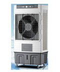 Industrial Grade Heavy Duty Evaporative Swamp Cooler With Remote And 12 Hour Timer Rock Solid Metal Design For Garage Patio Or Room Hella Cool Oscillating Fan with large fan and wheels.