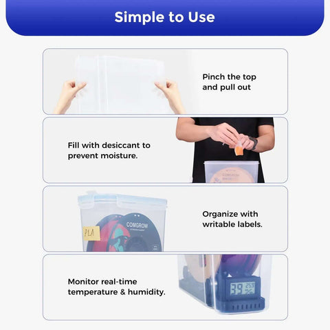 3D Printer Filament Storage Box Set With 6 DIY Filament Containers, sealing and moisture protection, in use with desiccant and hygrometer