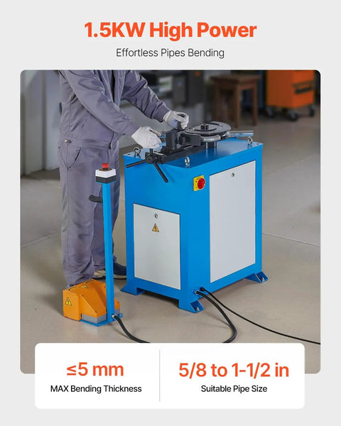 Heavy Duty Electric Tube Bender Machine 1.5 Kw Power Bends 5/8 To 1-1/2 Inch Pipes With Five Dies For Auto And Manual Modes Max 180 Degree Angle perfect for effortless metal pipe bending in workshop.