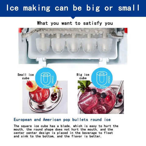 Heavy Duty Stainless Steel Ice Maker Churning Out Fifteen Kilograms Rapid Clear Ice For Compact Countertop Setup image showing small and big ice cubes.