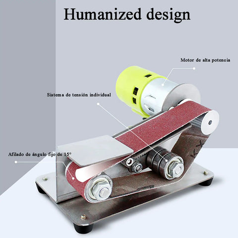 Heavy Duty Mini Belt Sander Featuring Hella Fast Seven Speed Settings And Rock Solid 15 Degree Fixed Angle for efficient grinding.