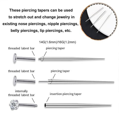 6 Piece Stainless Steel Piercing Tapers Set 14G 16G External Threadless And Internal Bar Insertion Pins for Body Piercing Kit