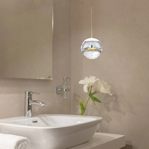 Modern Crystal Pendant Light in Chrome Finish Tiny Globe Hanging Fixture for Kitchen Island and Bath Glam Chic Mini Ceiling