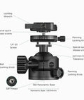 Low Profile Camera Tripod Ball Head Mount With 55mm Ball, 360° Swivel And 90° Tilt, Arca-Swiss Compatible, Ultra Stable For No Shake And Smooth Panoramic Shots, Lightweight And Durable Mount For DSLRs And Mirrorless Cameras. Black metal ball head with 360° panoramic base, locking knobs and 3/8 thread.