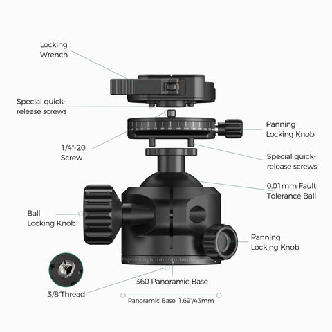 Low Profile Camera Tripod Ball Head Mount With 55mm Ball, 360° Swivel And 90° Tilt, Arca-Swiss Compatible, Ultra Stable For No Shake And Smooth Panoramic Shots, Lightweight And Durable Mount For DSLRs And Mirrorless Cameras. Black metal ball head with 360° panoramic base, locking knobs and 3/8 thread.