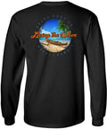 Back view of Outrigger Canoe Logo Long Sleeve Cotton Tee For Men Ultra Soft 100 Percent Cotton Black Size Large, beach logo detail