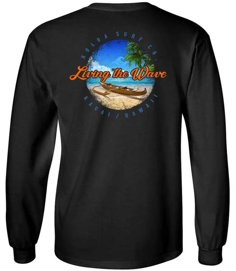 Back view of Outrigger Canoe Logo Long Sleeve Cotton Tee For Men Ultra Soft 100 Percent Cotton Black Size Large, beach logo detail