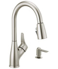 Single Handle Pull Down Kitchen Faucet in Stainless Steel With Eight Inch Install Fit For One Two Three Or Four Hole Setups