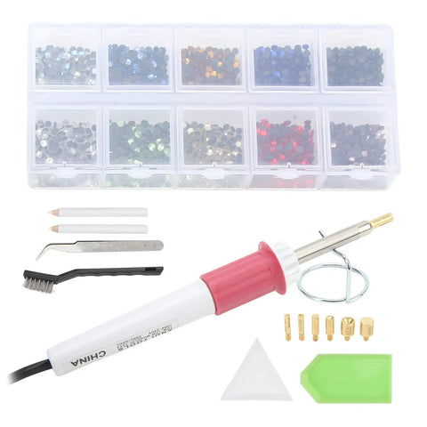 Fast Heat Hotfix Rhinestone Applicator Gear For DIY Crafts On Leather Clothes TShirts Wallets With Storage Bag Quick Heat Up In Minutes And Wide Application US Plug shown with rhinestones and tools.