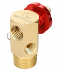 Air Tank Manifold Kit With Fill Port And Safety Valve, Aluminum Construction with relief bypass, brass, red valve, close-up view.