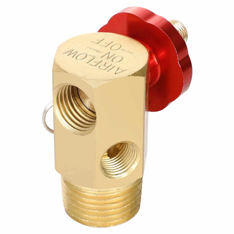 Air Tank Manifold Kit With Fill Port And Safety Valve, Aluminum Construction with relief bypass, brass, red valve, close-up view.
