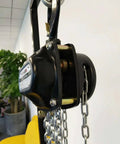 Close-up of Built Tough Manual Chain Block Hoist 2 Pack Featuring Hella Strong Galvanized Steel Chain and 2200 lb capacity.
