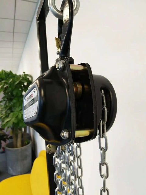 Close-up of Built Tough Manual Chain Block Hoist 2 Pack Featuring Hella Strong Galvanized Steel Chain and 2200 lb capacity.
