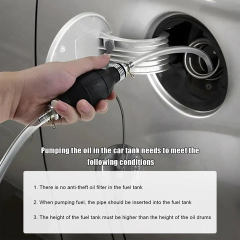 Using hand fuel transfer pump with manual primer bulb for cars boats and marine fuel systems, 10mm rubber line inserted in a tank