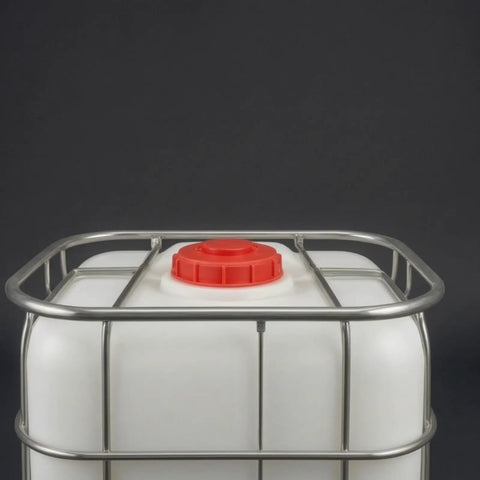 Mycense Ibc Container Lid Replacement Cap For 275 Gallon Tote Barrel Cover with a red cap atop a white container in a metal cage.