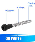 30 Piece Window Screen Clips For Home Repair, 5/32 Inch Aluminum Retainer Latches With Plunger Pins Caps And Springs, showing nylon caps, springs, and aluminum pins.